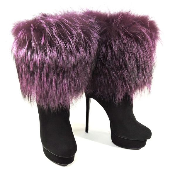 GIANMARCO LORENZI 🇮🇹 WOMEN'S BLACK SUEDE & FOX FUR FASHION BOOTIE - Picture 2 of 8